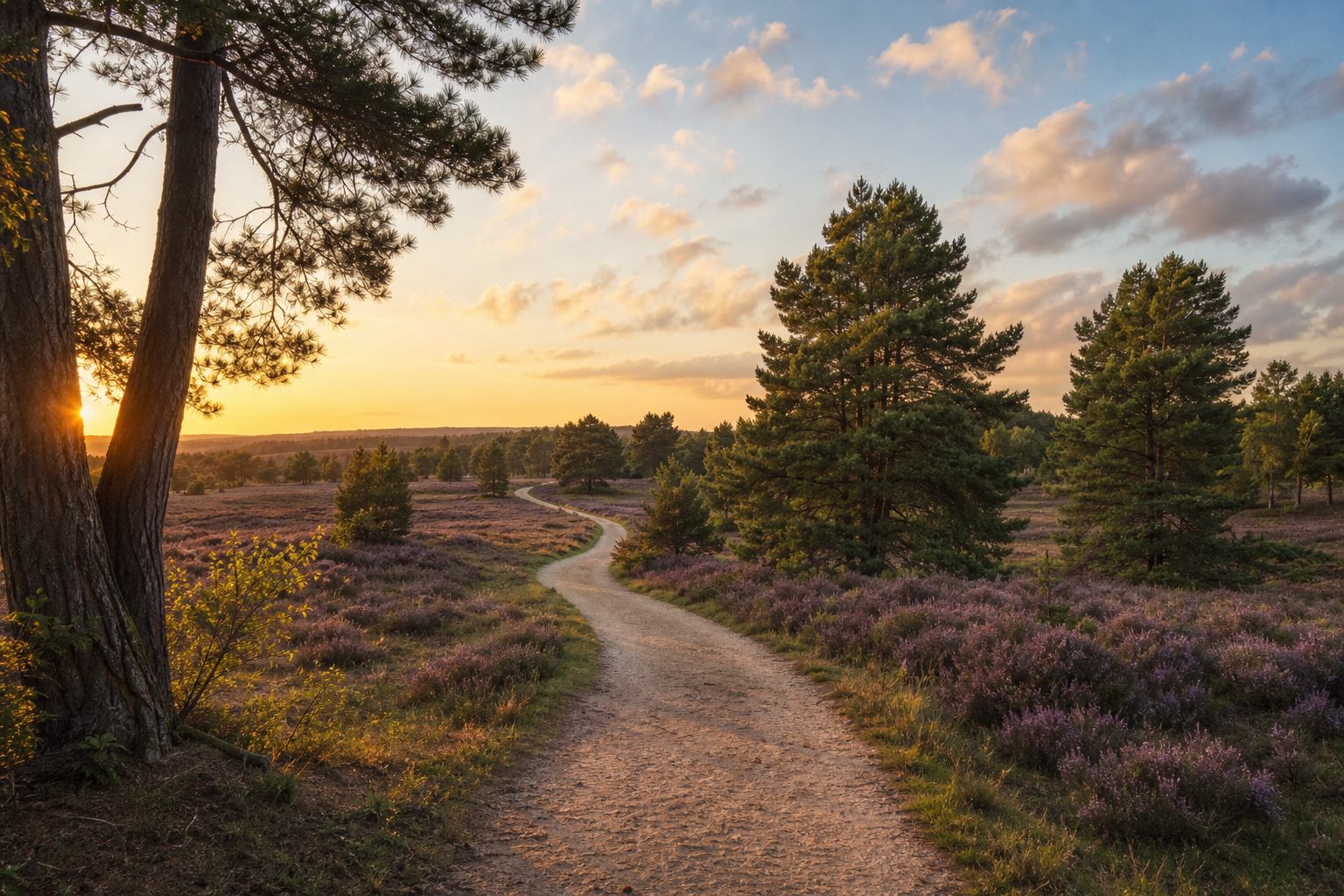 Sandiger Radweg durch Heide und Kiefern