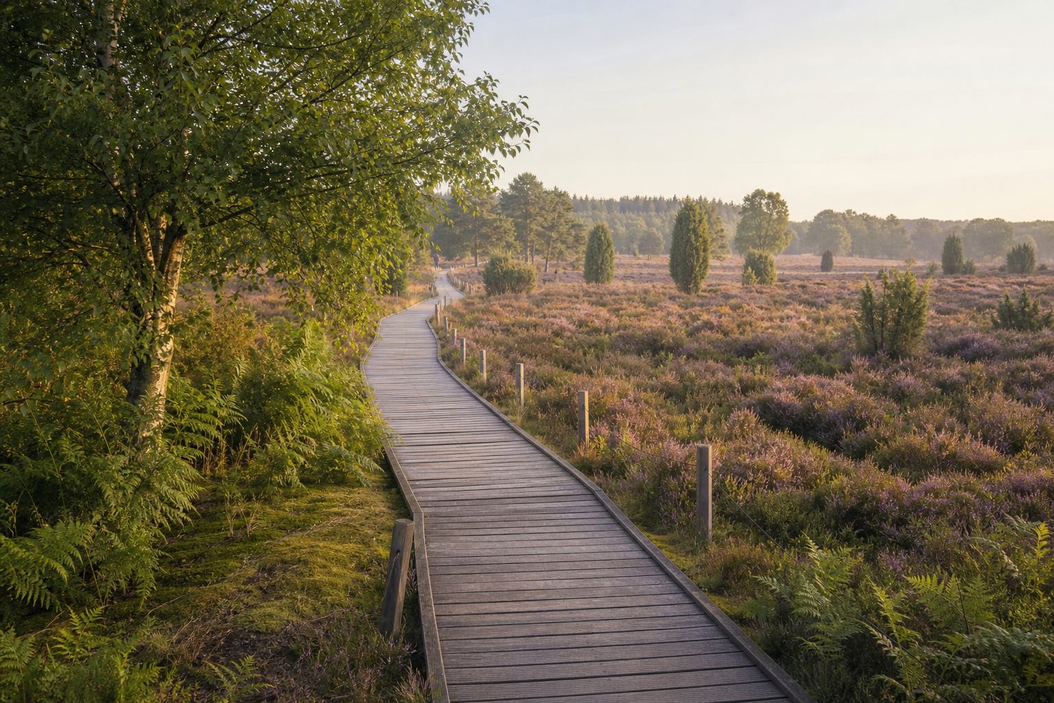 Holzsteg als geschützter Weg durch sensible Heideflächen