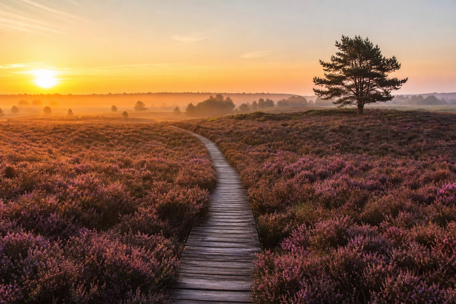 Goldenes Heidekraut und Holzsteg in der Lüneburger Heide bei Sonnenuntergang