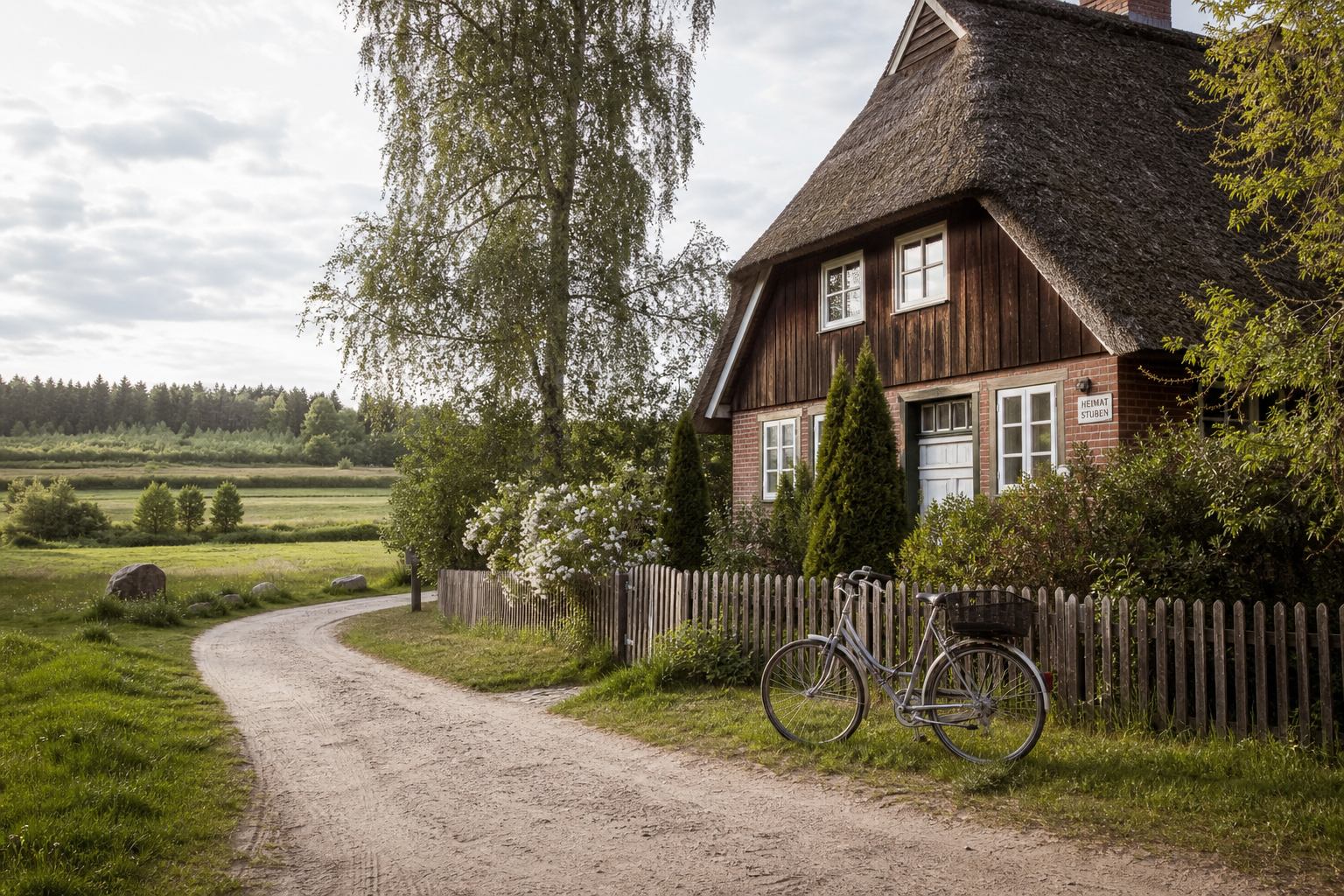 Reetdachhaus und Fahrräder am Heiderand